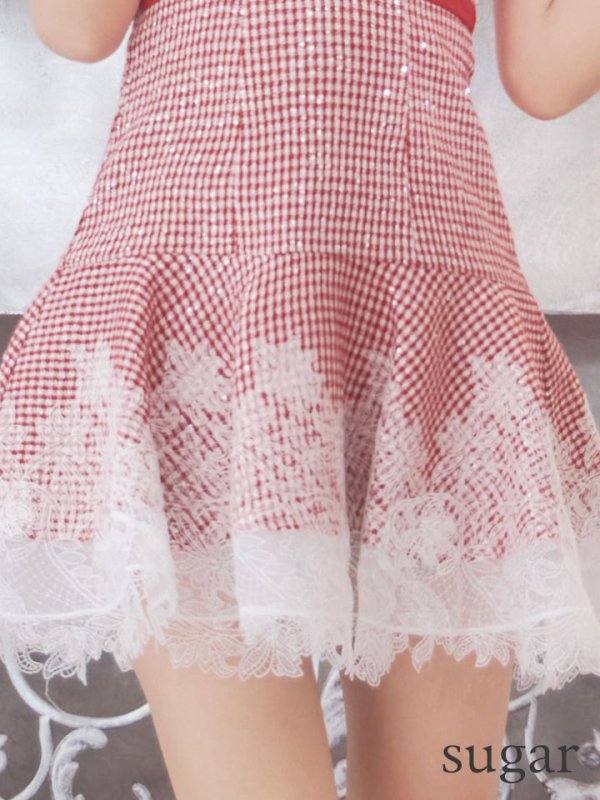 画像14: XSサイズあり【ROBE de FLEURS/ローブドフルール】ツイード/ ギンガムチェック/ フロントジップ/ ノースリーブ/ スパンコール/ フレア/ ミニドレス/ キャバドレス[OF08]