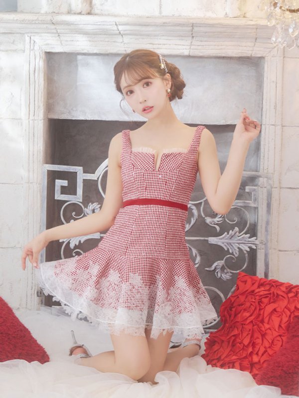 画像8: XSサイズあり【ROBE de FLEURS/ローブドフルール】ツイード/ ギンガムチェック/ フロントジップ/ ノースリーブ/ スパンコール/ フレア/ ミニドレス/ キャバドレス[OF08]