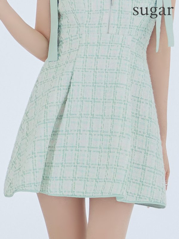 画像32: XSサイズあり【ROBE de FLEURS/ローブドフルール】肩リボン/ パステルチェック/ フロントジップ/ ツイード/ フレア/ ミニドレス/ キャバドレス[OF08]