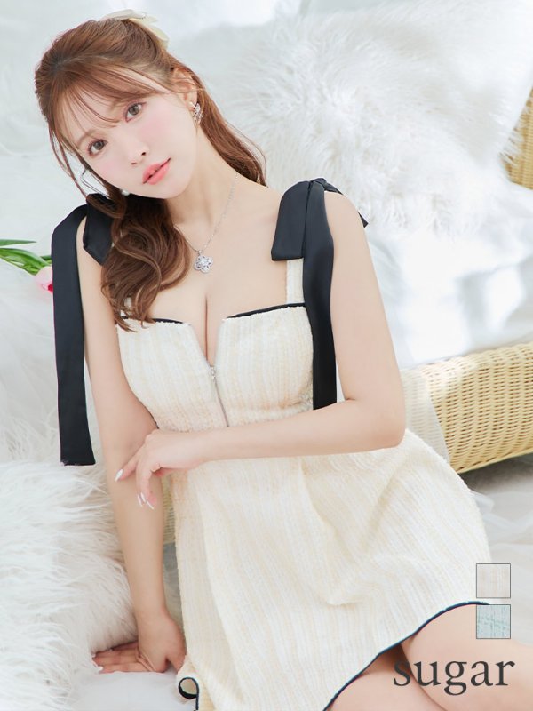 画像1: XSサイズあり【ROBE de FLEURS/ローブドフルール】肩リボン/ パステルチェック/ フロントジップ/ ツイード/ フレア/ ミニドレス/ キャバドレス[OF2]