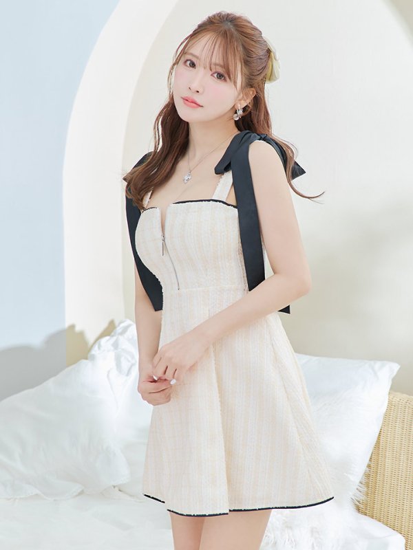 画像2: XSサイズあり【ROBE de FLEURS/ローブドフルール】肩リボン/ パステルチェック/ フロントジップ/ ツイード/ フレア/ ミニドレス/ キャバドレス[OF2]