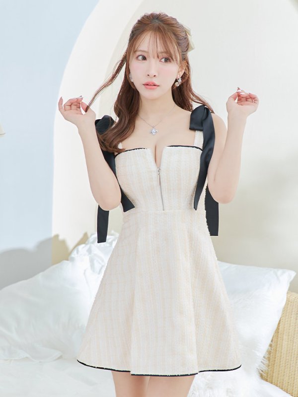 画像3: XSサイズあり【ROBE de FLEURS/ローブドフルール】肩リボン/ パステルチェック/ フロントジップ/ ツイード/ フレア/ ミニドレス/ キャバドレス[OF08]