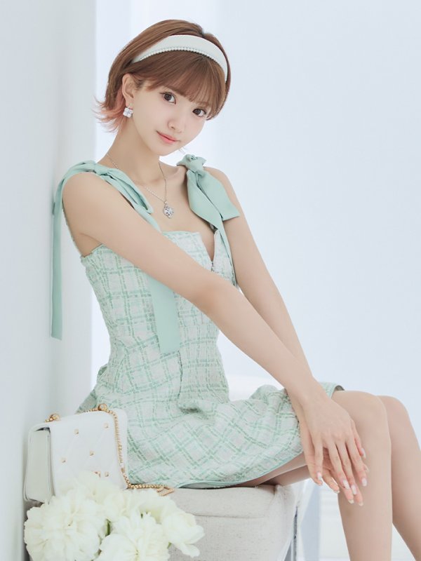 画像26: XSサイズあり【ROBE de FLEURS/ローブドフルール】肩リボン/ パステルチェック/ フロントジップ/ ツイード/ フレア/ ミニドレス/ キャバドレス[OF08]