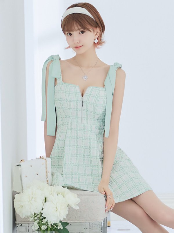 画像27: XSサイズあり【ROBE de FLEURS/ローブドフルール】肩リボン/ パステルチェック/ フロントジップ/ ツイード/ フレア/ ミニドレス/ キャバドレス[OF08]