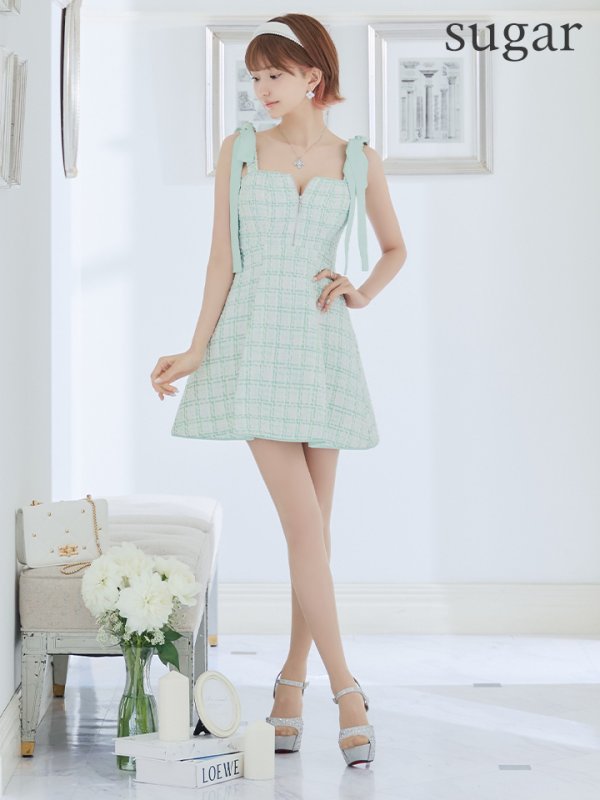 画像28: XSサイズあり【ROBE de FLEURS/ローブドフルール】肩リボン/ パステルチェック/ フロントジップ/ ツイード/ フレア/ ミニドレス/ キャバドレス[OF08]