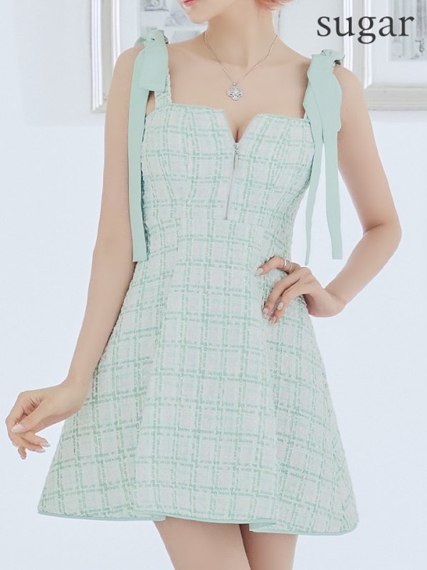 画像29: XSサイズあり【ROBE de FLEURS/ローブドフルール】肩リボン/ パステルチェック/ フロントジップ/ ツイード/ フレア/ ミニドレス/ キャバドレス[OF08]