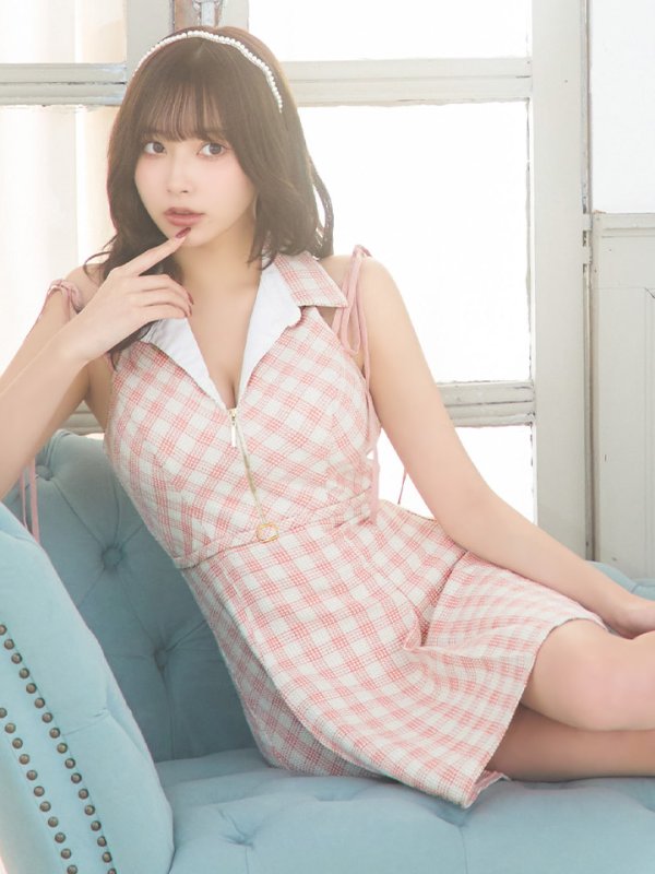 画像5: XSサイズあり【ROBE de FLEURS/ローブドフルール】襟デザイン/ スプリングツイード/ ギンガムチェック/ ノースリーブ/ プリーツ/ フレア/ ミニドレス/ キャバドレス[OF08]