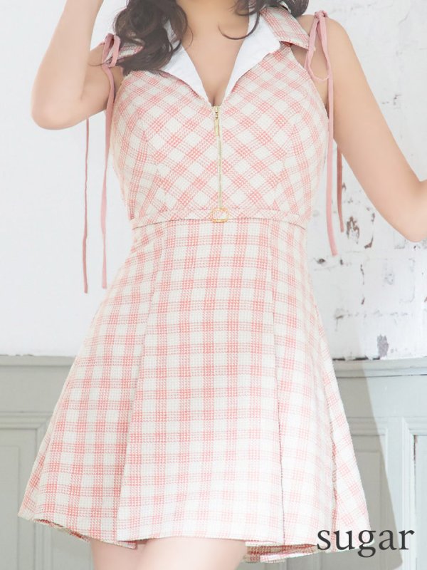 画像8: XSサイズあり【ROBE de FLEURS/ローブドフルール】襟デザイン/ スプリングツイード/ ギンガムチェック/ ノースリーブ/ プリーツ/ フレア/ ミニドレス/ キャバドレス[OF08]