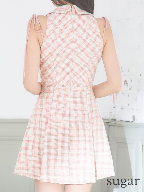 画像9: XSサイズあり【ROBE de FLEURS/ローブドフルール】襟デザイン/ スプリングツイード/ ギンガムチェック/ ノースリーブ/ プリーツ/ フレア/ ミニドレス/ キャバドレス[OF08]