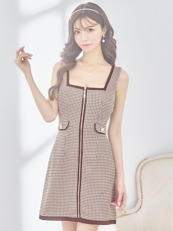 画像8: XSサイズあり【ROBE de FLEURS/ローブドフルール】ツイード/ ジップ/ スクエアカット/ ノースリーブ/ フレア/ 千鳥 /ミニドレス/ キャバドレス[OF08]