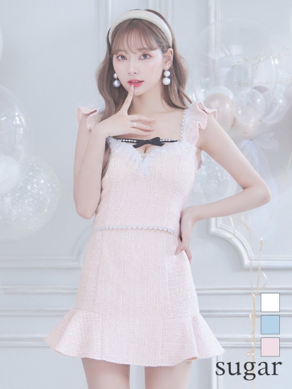 XSサイズあり【ROBE de FLEURS/ローブドフルール】サマーツイード/ マーメイド/ パールチュール/ セットアップ/ フリルショルダー/ ミニドレス/ キャバドレス　ピンク