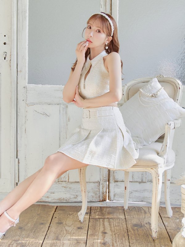 画像2: XSサイズあり【ROBE de FLEURS/ローブドフルール】ツイード/ ジップ/ 襟付き/ ホルター/ プリーツ/ フレア/ セットアップ/ ミニドレス/ キャバドレス[OF2]