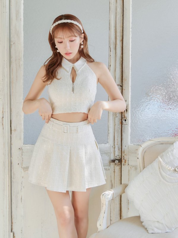 画像27: XSサイズあり【ROBE de FLEURS/ローブドフルール】ツイード/ ジップ/ 襟付き/ ホルター/ プリーツ/ フレア/ セットアップ/ ミニドレス/ キャバドレス[OF08]