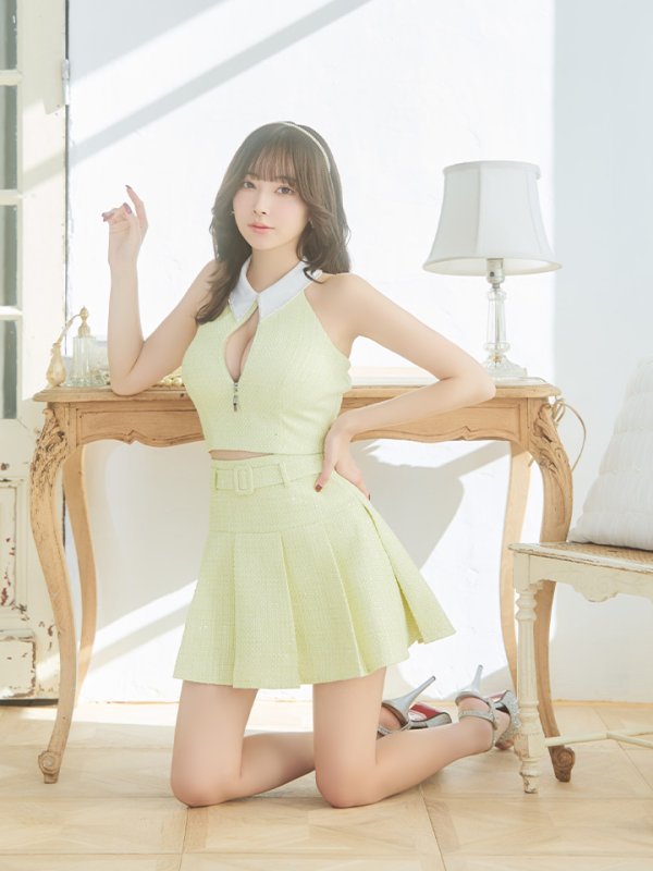 画像4: XSサイズあり【ROBE de FLEURS/ローブドフルール】ツイード/ ジップ/ 襟付き/ ホルター/ プリーツ/ フレア/ セットアップ/ ミニドレス/ キャバドレス[OF08]