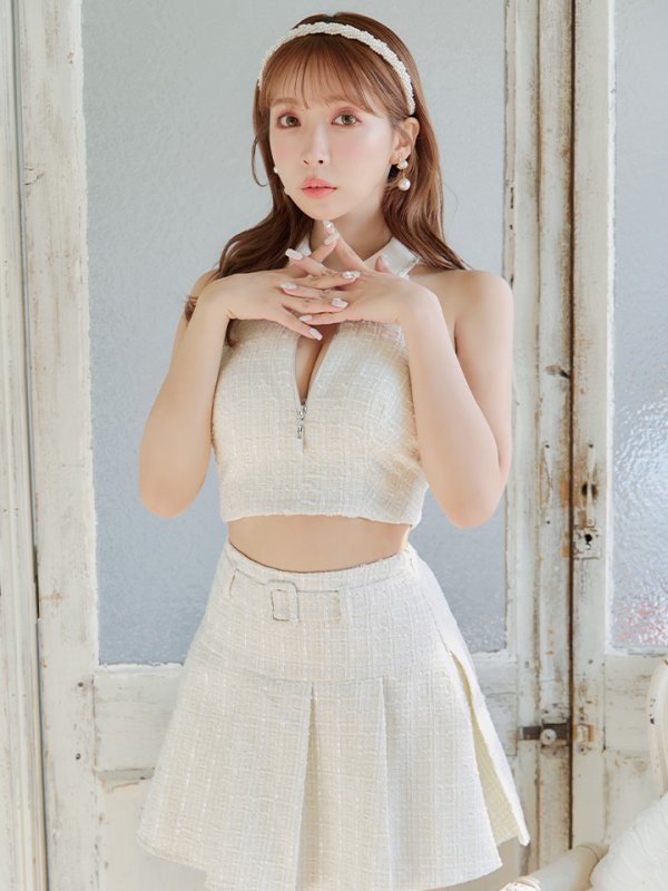 画像28: XSサイズあり【ROBE de FLEURS/ローブドフルール】ツイード/ ジップ/ 襟付き/ ホルター/ プリーツ/ フレア/ セットアップ/ ミニドレス/ キャバドレス[OF08]