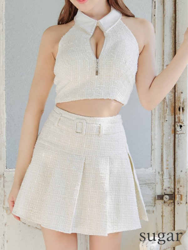 画像31: XSサイズあり【ROBE de FLEURS/ローブドフルール】ツイード/ ジップ/ 襟付き/ ホルター/ プリーツ/ フレア/ セットアップ/ ミニドレス/ キャバドレス[OF08]