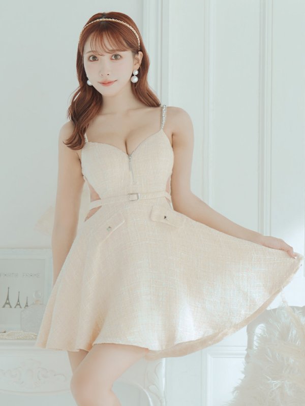 画像9: XSサイズあり【ROBE de FLEURS/ローブドフルール】サイドシアー/ フロントジップ/ ビジュー/ フレア/ ミニドレス/ キャバドレス[OF08]