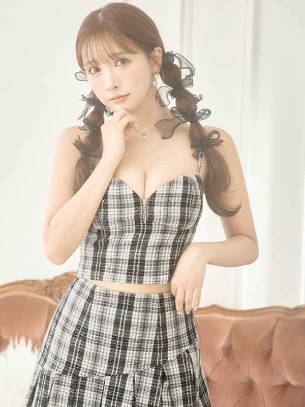 画像3: XSサイズあり【ROBE de FLEURS/ローブドフルール】セットアップ/ ツイード/ チェック/ キャミソール/ フロントジップ/ フレア/ ミニドレス/ キャバドレス[OF08]