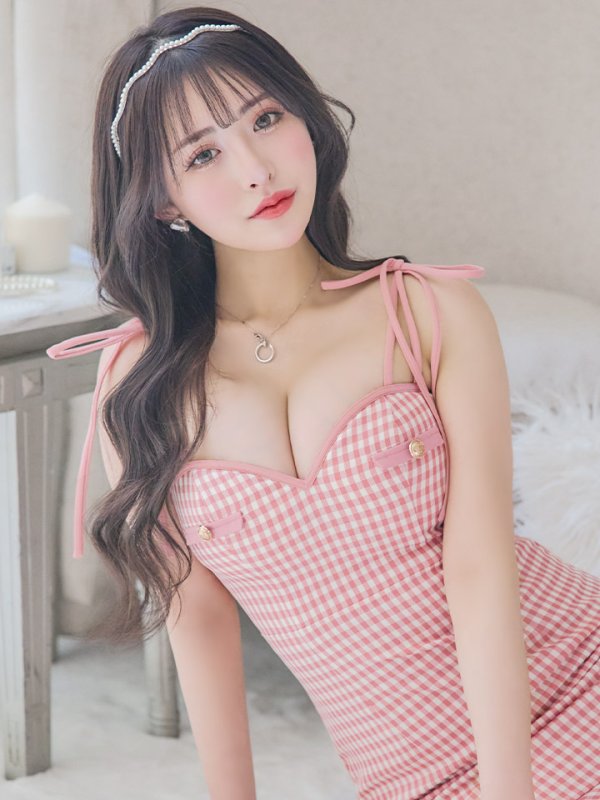 画像5: 【ROBE de FLEURS/ローブドフルール】ショルダーリボン/ ギンガムチェック/ マーメイド/ ミディアムドレス/ キャバドレス[OF08]