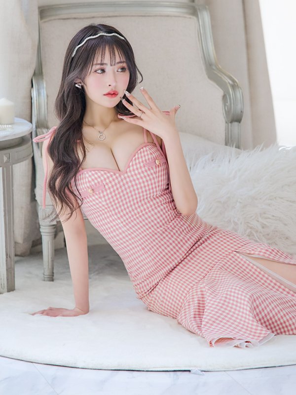 画像6: 【ROBE de FLEURS/ローブドフルール】ショルダーリボン/ ギンガムチェック/ マーメイド/ ミディアムドレス/ キャバドレス[OF08]