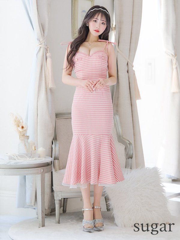 画像7: 【ROBE de FLEURS/ローブドフルール】ショルダーリボン/ ギンガムチェック/ マーメイド/ ミディアムドレス/ キャバドレス[OF08]