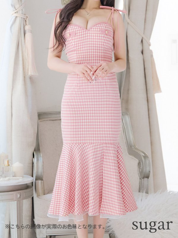 画像8: 【ROBE de FLEURS/ローブドフルール】ショルダーリボン/ ギンガムチェック/ マーメイド/ ミディアムドレス/ キャバドレス[OF08]
