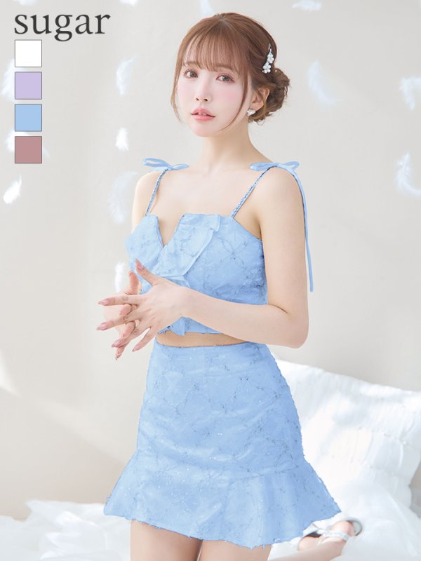 画像1: XSサイズあり【ROBE de FLEURS/ローブドフルール】フラワーチュール/ バストフリル/ セットアップ/ フレア/ ミニドレス/ キャバドレス[OF2]