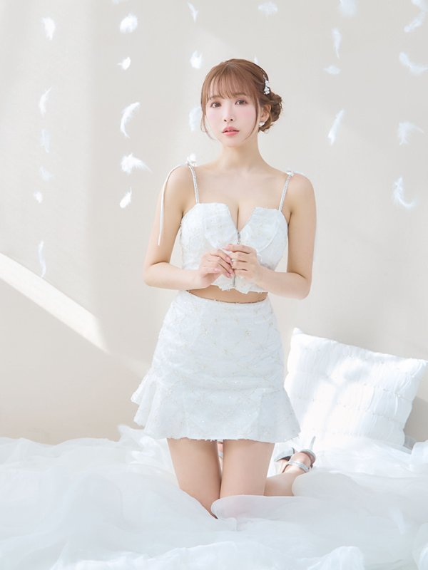 画像3: XSサイズあり【ROBE de FLEURS/ローブドフルール】フラワーチュール/ バストフリル/ セットアップ/ フレア/ ミニドレス/ キャバドレス[OF08]