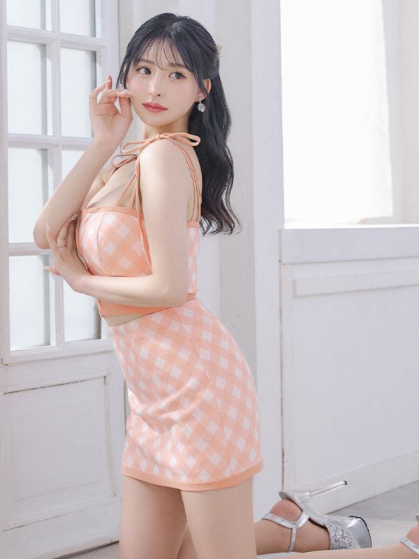 画像6: XSサイズあり【ROBE de FLEURS/ローブドフルール】バストジッパー/ ショルダーリボン/ チェック/ セットアップ/ ストレッチ/ ミニドレス/ キャバドレス[OF08]