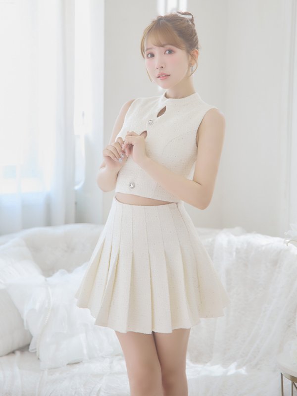 画像4: XSサイズあり【ROBE de FLEURS/ローブドフルール】ラメツイード/ ビジュー/ ボタン/ セットアップ/ ノースリーブ/ フレア/ ミニドレス/ キャバドレス[OF08]