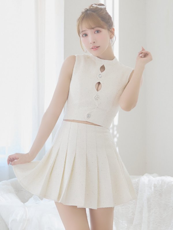 画像8: XSサイズあり【ROBE de FLEURS/ローブドフルール】ラメツイード/ ビジュー/ ボタン/ セットアップ/ ノースリーブ/ フレア/ ミニドレス/ キャバドレス[OF08]