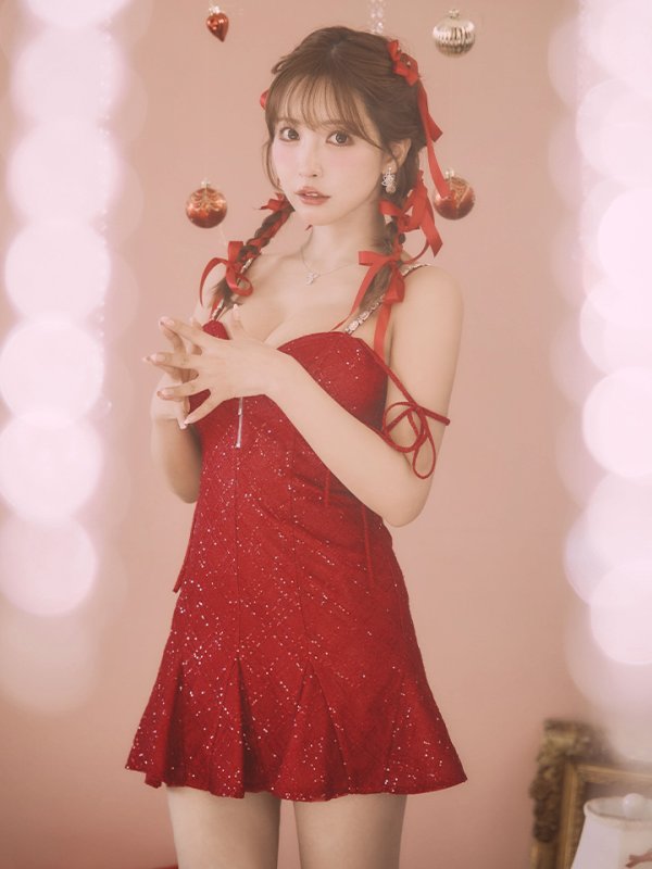 画像2: XSサイズあり【ROBE de FLEURS/ローブドフルール】リボン/ ラメニット/ バストジッパー/ フレア/ ドリーミー/ ミニドレス/ キャバドレス[OF2]