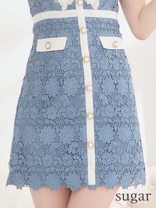 画像12: XSサイズあり【ROBE de FLEURS/ローブドフルール】襟付きリボン/ フラワーレース/ タイト/ ショートスリーブ/ ミニドレス/ キャバドレス[OF08]