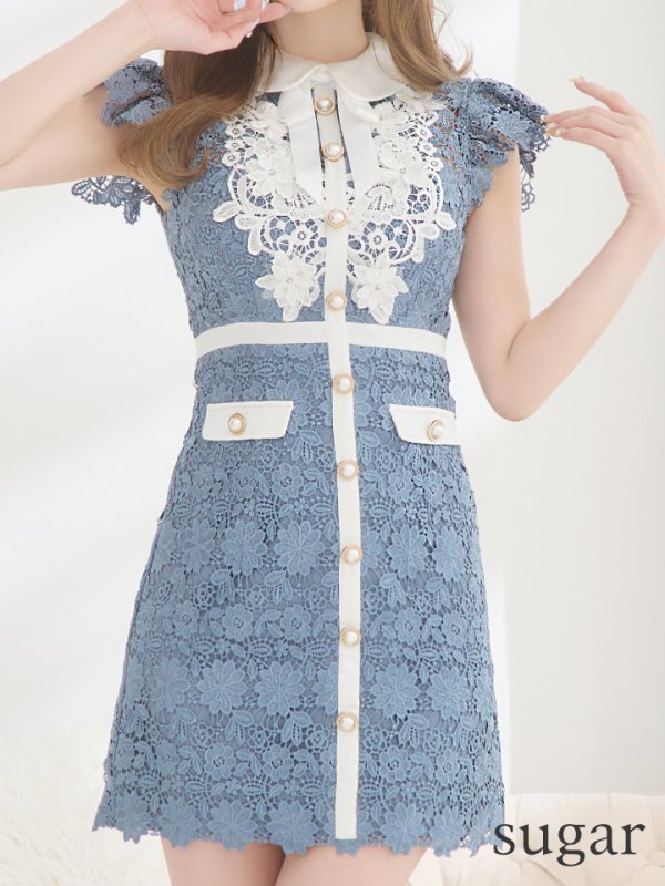 画像9: XSサイズあり【ROBE de FLEURS/ローブドフルール】襟付きリボン/ フラワーレース/ タイト/ ショートスリーブ/ ミニドレス/ キャバドレス[OF08]