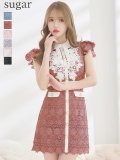 XSサイズあり【ROBE de FLEURS/ローブドフルール】襟付きリボン/ フラワーレース/ タイト/ ショートスリーブ/ ミニドレス/ キャバドレス[OF2]