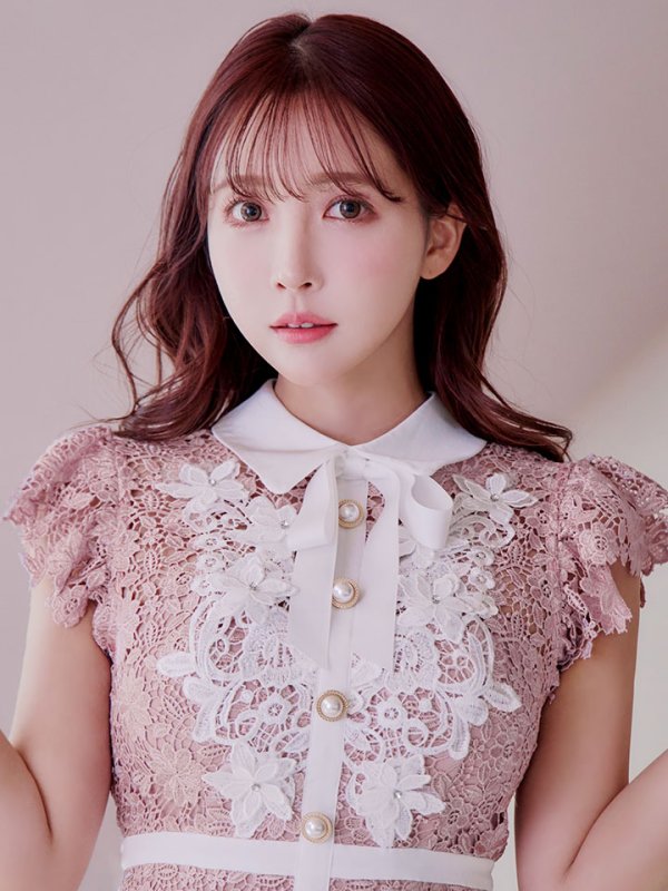 画像17: XSサイズあり【ROBE de FLEURS/ローブドフルール】襟付きリボン/ フラワーレース/ タイト/ ショートスリーブ/ ミニドレス/ キャバドレス[OF08]