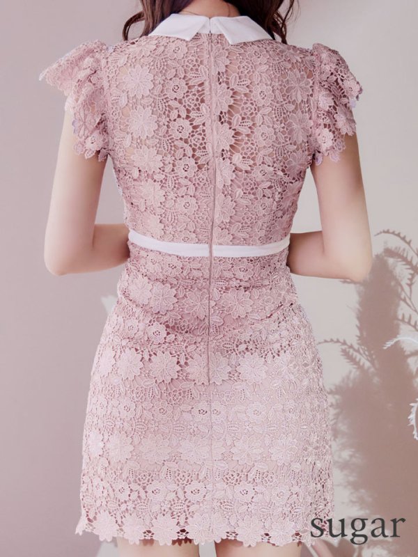 画像21: XSサイズあり【ROBE de FLEURS/ローブドフルール】襟付きリボン/ フラワーレース/ タイト/ ショートスリーブ/ ミニドレス/ キャバドレス[OF08]