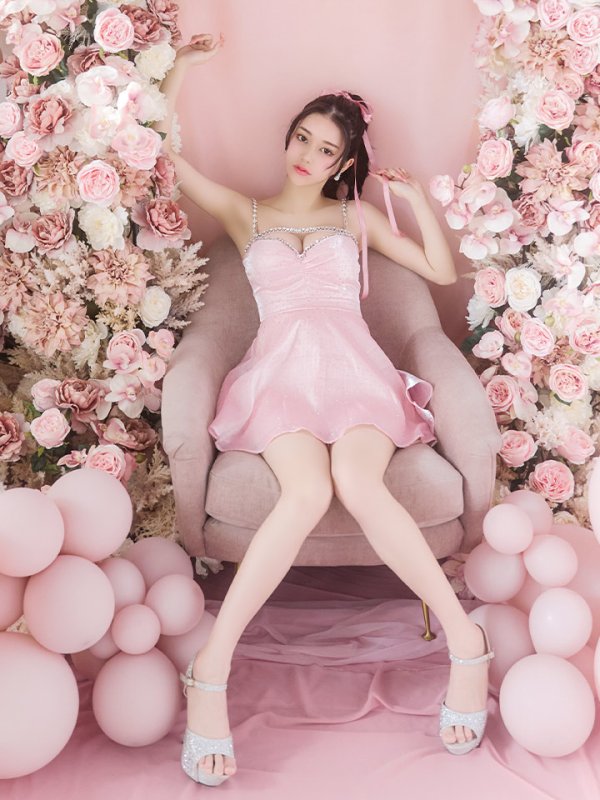 画像8: XSサイズあり【ROBE de FLEURS/ローブドフルール】ストーン/ サテン/ バストビジュー/ フレア/ キャミソール/ ミニドレス/ キャバドレス[OF08]