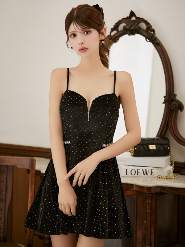 画像4: XSサイズあり【ROBE de FLEURS/ローブドフルール】ストーン付き/ ベロア/ ウエストビジュー/ キャミソール/ フレア/ ミニドレス/ キャバドレス[OF08]