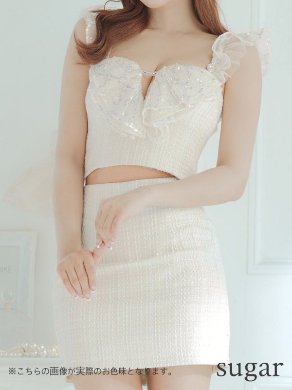 画像8: XSサイズあり【ROBE de FLEURS/ローブドフルール】セットアップ/ラメツイード/ スパンコール/ フリル/ タイト/ ミニドレス/ キャバドレス[OF08]