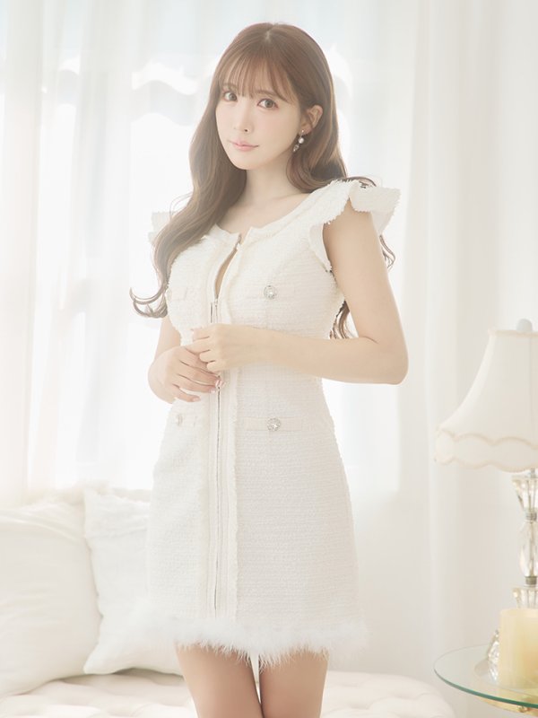 画像6: XSサイズあり【ROBE de FLEURS/ローブドフルール】ラメツイード/ クラシカル/ フリルショルダー/ ノースリーブ/ Aライン/ ミニドレス/ キャバドレス[裾のファー取り外し可能］[OF08]