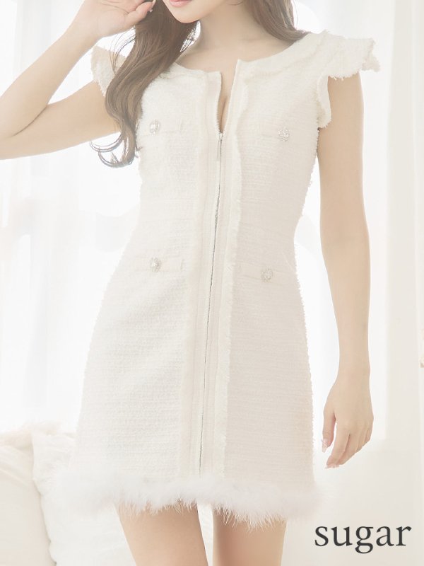 画像8: XSサイズあり【ROBE de FLEURS/ローブドフルール】ラメツイード/ クラシカル/ フリルショルダー/ ノースリーブ/ Aライン/ ミニドレス/ キャバドレス[裾のファー取り外し可能］[OF08]