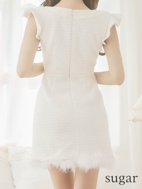 画像9: XSサイズあり【ROBE de FLEURS/ローブドフルール】ラメツイード/ クラシカル/ フリルショルダー/ ノースリーブ/ Aライン/ ミニドレス/ キャバドレス[裾のファー取り外し可能］[OF08]