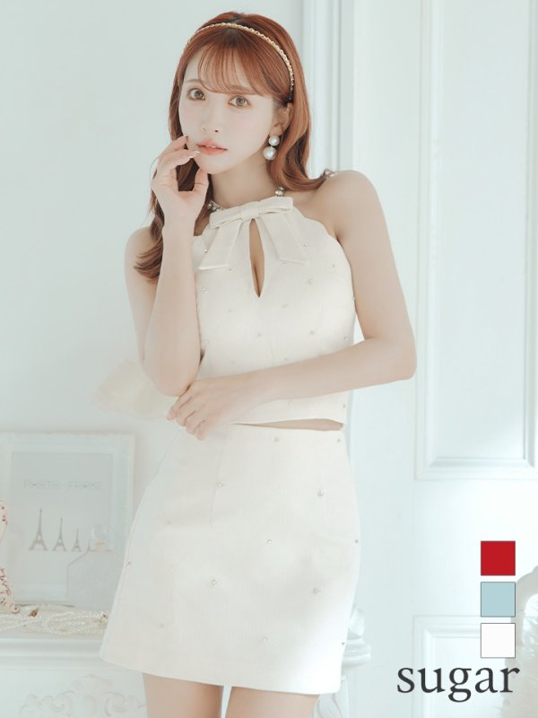 XSサイズあり【ROBE de FLEURS/ローブドフルール】セットアップ/ ホルターネック/ ビジュー/ バストカット/ リボン/ タイト/ ミニドレス/ キャバドレス　アイボリー