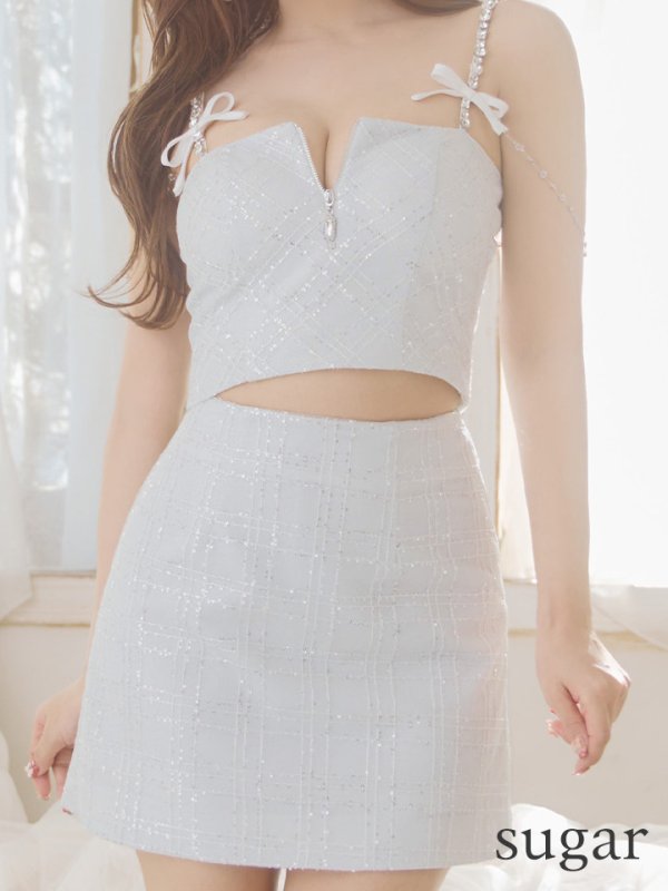 画像30: XSサイズあり【ROBE de FLEURS/ローブドフルール】スパンコール/ 刺繍レース/ フロントジップ/ キャミソール/ ショルダービジュー/ 台形スカート/ セットアップ/ ミニドレス/ キャバドレス[OF08]