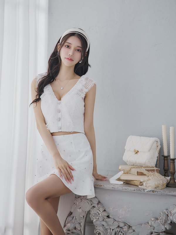 画像12: XSサイズあり【ROBE de FLEURS/ローブドフルール】ナチュラルレース/ ノースリーブ/ バックリボン/ セットアップ/ フレア/ ミニドレス/ キャバドレス[OF08]