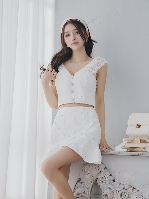 画像13: XSサイズあり【ROBE de FLEURS/ローブドフルール】ナチュラルレース/ ノースリーブ/ バックリボン/ セットアップ/ フレア/ ミニドレス/ キャバドレス[OF08]