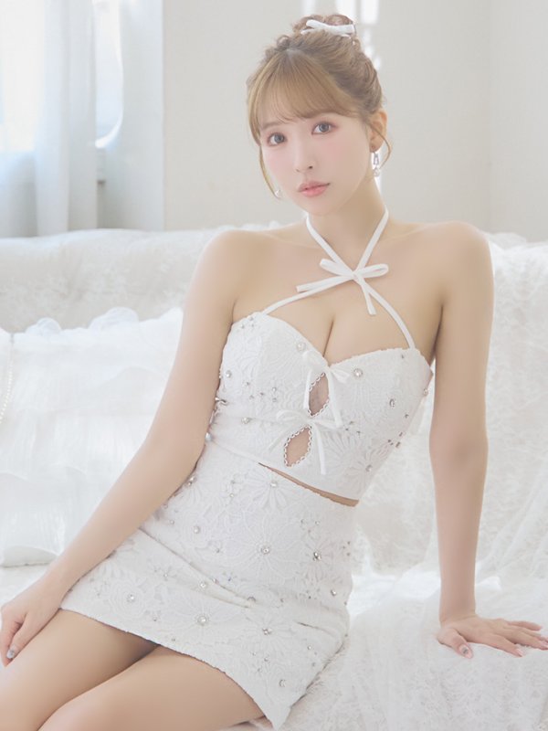 画像3: XSサイズあり【ROBE de FLEURS/ローブドフルール】トリプルリボン/ ホルターネック/ フラワーレース/ セットアップ/ フレア/ ミニドレス/ キャバドレス[OF08]