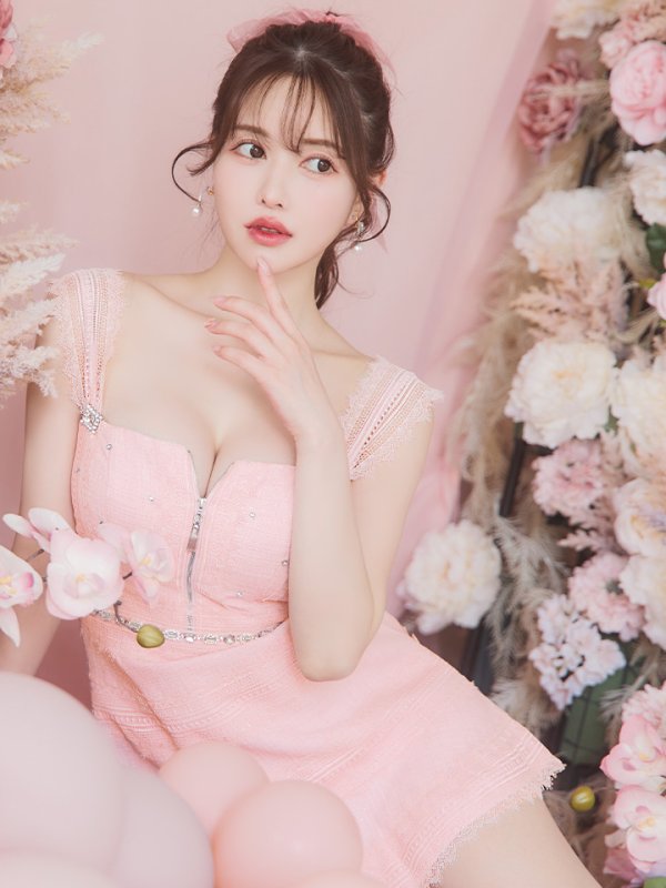 画像13: XSサイズあり【ROBE de FLEURS/ローブドフルール】肩レース/ ウエストビジュー/ スカラップレース/ フレア/ ノースリーブ/ ミニドレス/ キャバドレス[OF08]