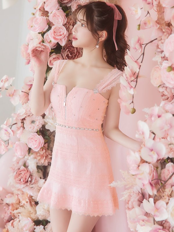 画像14: XSサイズあり【ROBE de FLEURS/ローブドフルール】肩レース/ ウエストビジュー/ スカラップレース/ フレア/ ノースリーブ/ ミニドレス/ キャバドレス[OF08]